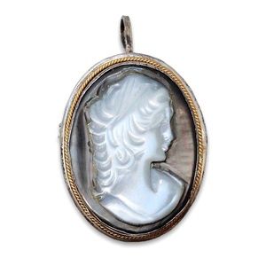 Vintage Italian Mother of Pearl Shell Cameo Pendant Brooch 800 Silver Gold Wire